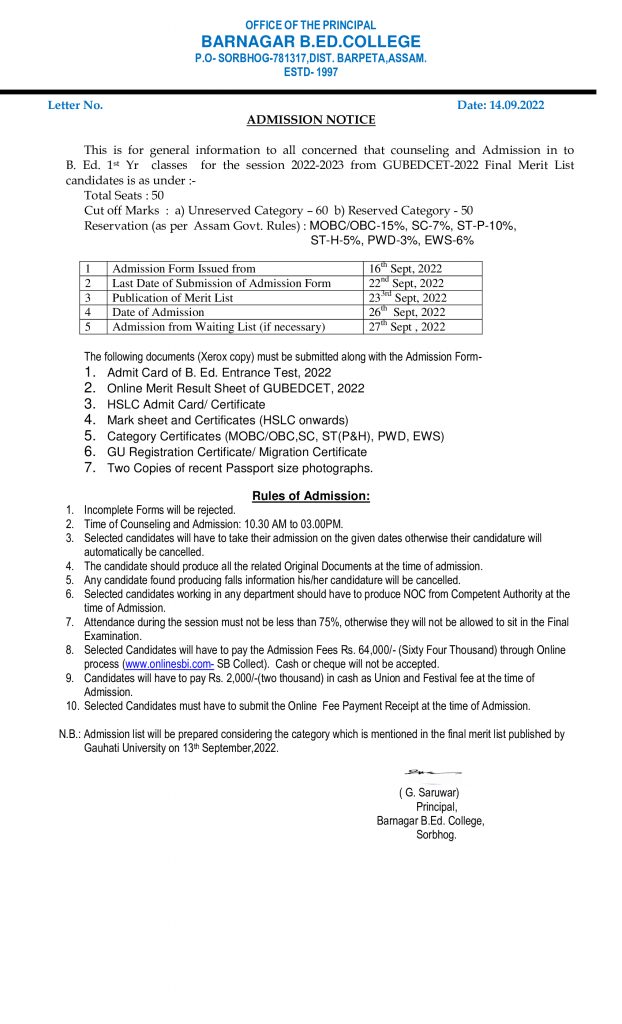 Admission in to B. Ed. 1st Yr classes for the session 20222023 from GUBEDCET2022 Final Merit